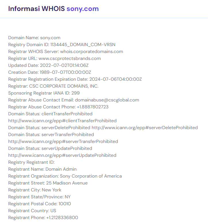 informasi domain sony com