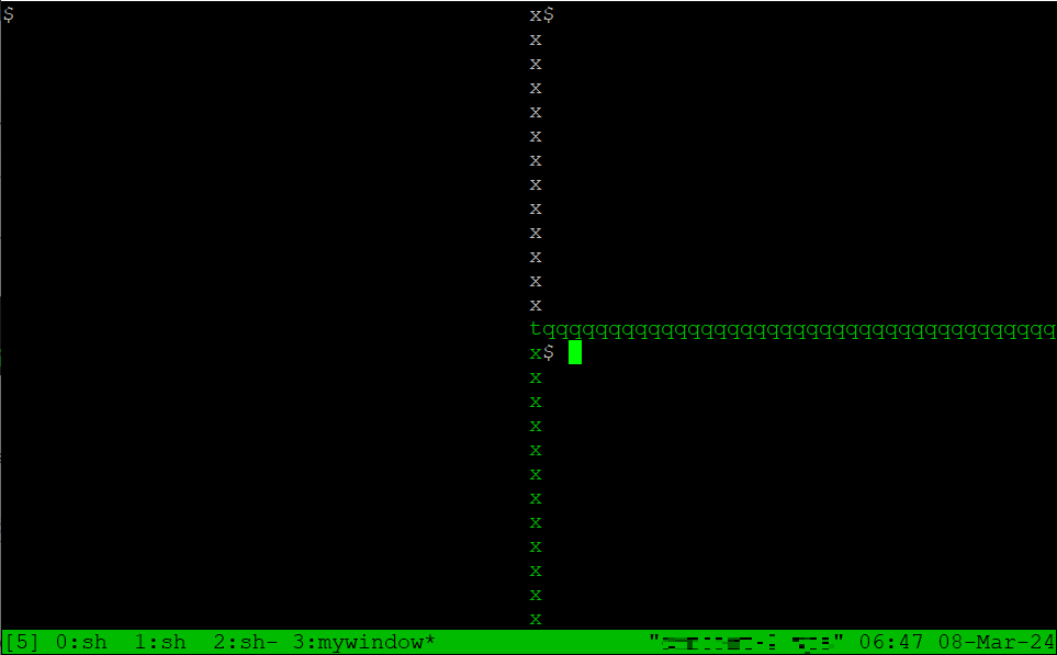 jendela tmux dengan tiga panel