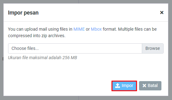 memilih file email yang akan diimpor di webmail