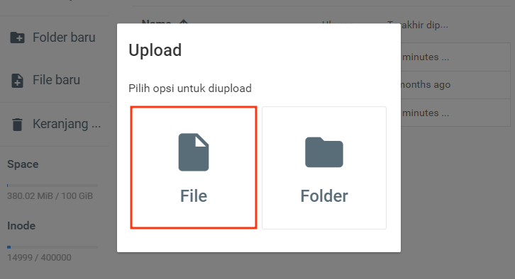 memilih file untuk diupload ke file manager hostinger