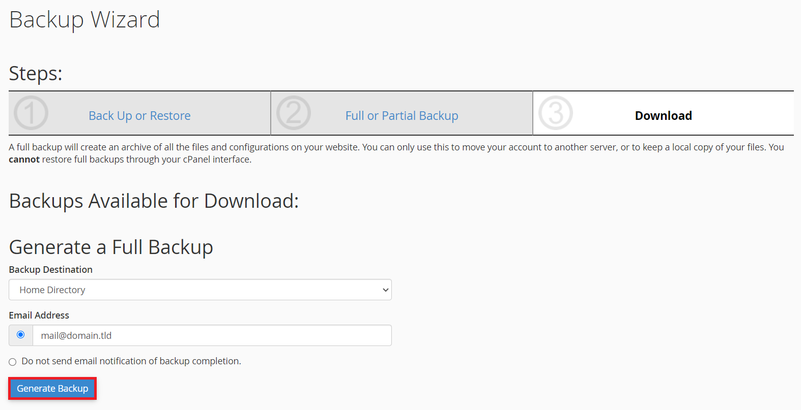 memilih generate backup untuk membuat file backup di cpanel