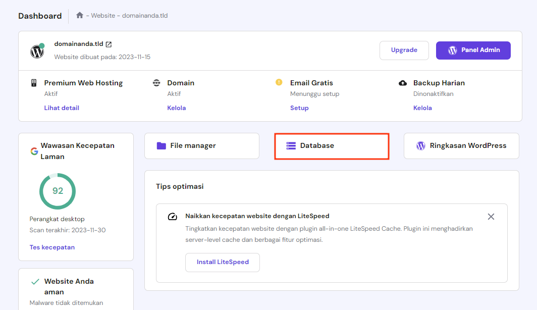 memilih menu database di dashboard hpanel