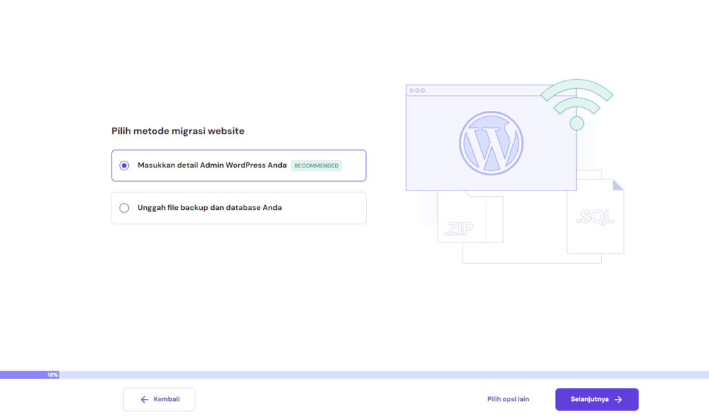 memilih metode migrasi website wordpress di hpanel