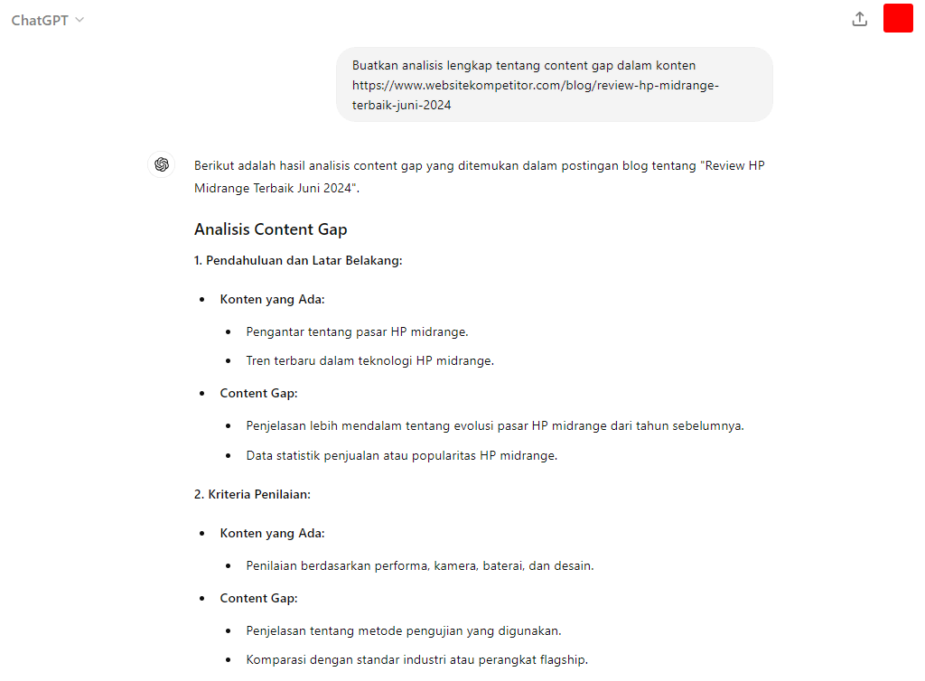 meminta analisis content gap kepada chatgpt