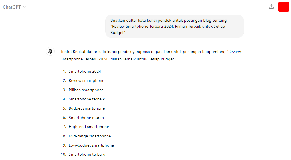 meminta chatgpt untuk menghasilkan daftar kata kunci pendek