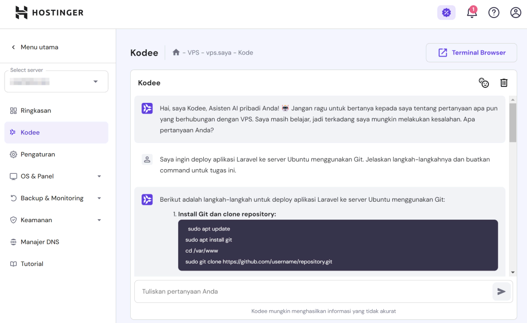 tampilan kodee di hpanel dengan prompt untuk deploy laravel ke vps