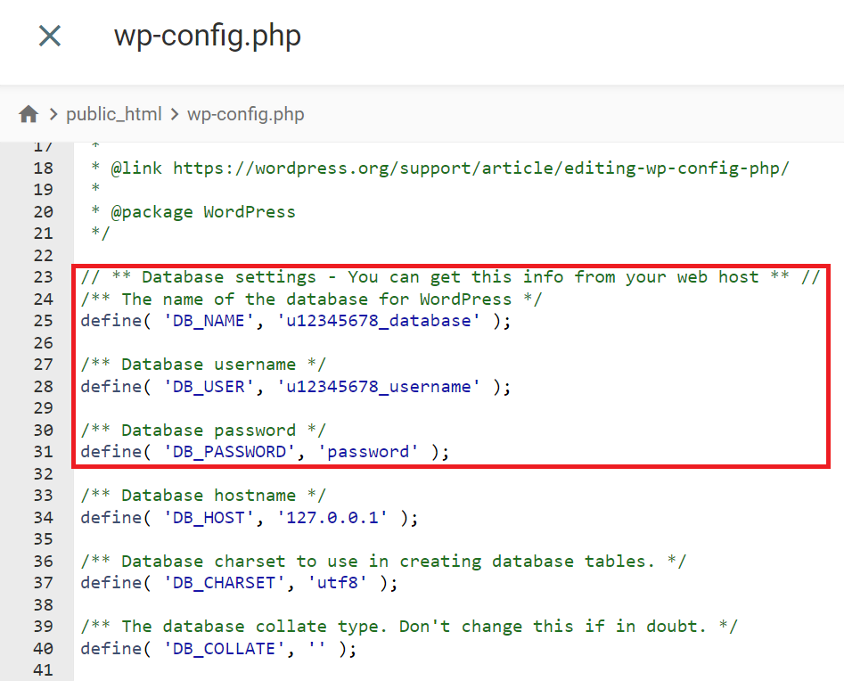 pengaturan database wp config php di file manager hostinger