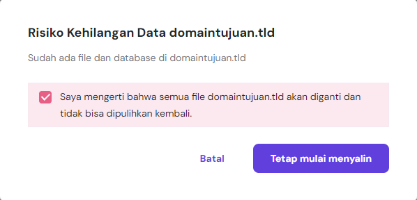 pesan peringatan kehilangan data setelah salin website hpanel