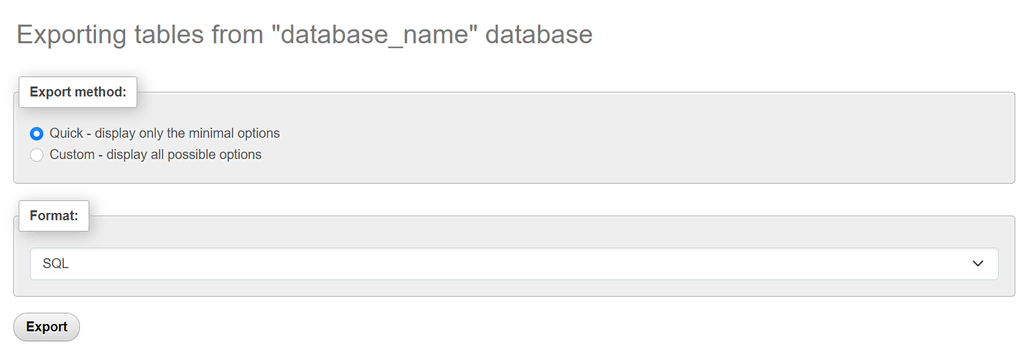 pilihan format export database di phpMyAdmin