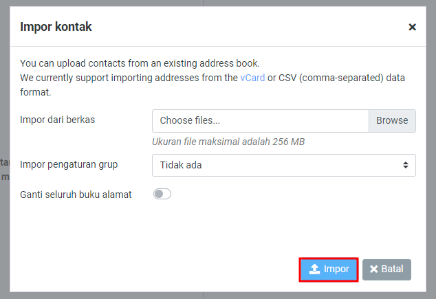 pop-up untuk memilih file kontak yang akan diimpor di webmail hostinger