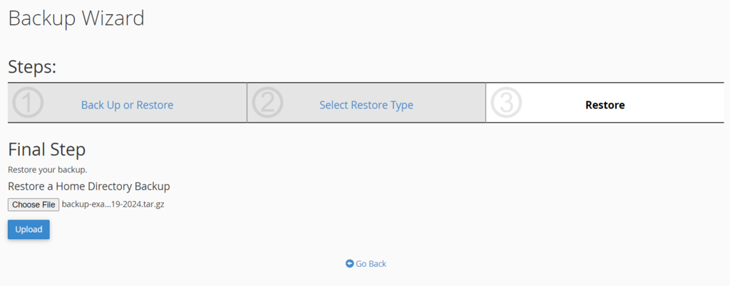 restore home directory di backup wizard cpanel