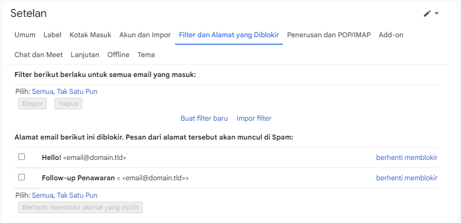 bagian filter dan alamat yang diblokir di gmail