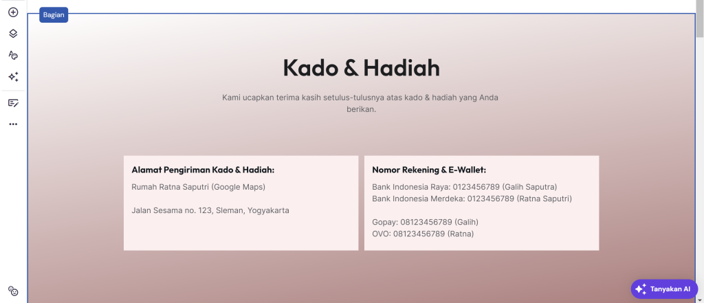 bagian penerimaan kado dan hadiah website pernikahan