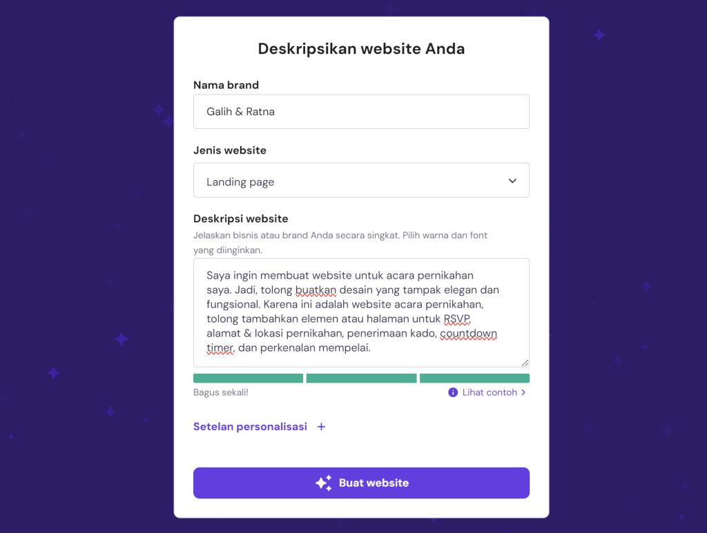 contoh prompt ai website builder untuk membuat website undangan pernikahan