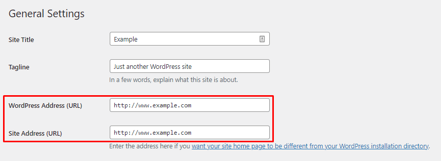 dashboard WordPress menampilkan kolom alamat website di pengaturan umum