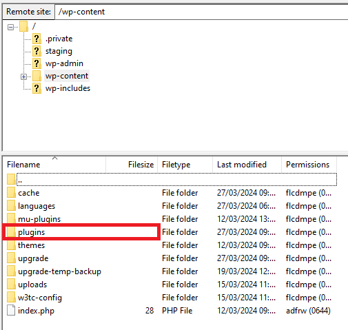 folder plugins di bagian remote site filezilla