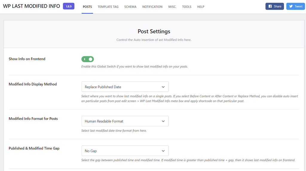 halaman admin WordPress menampilkan panel pengaturan plugin WP Last Modified Info