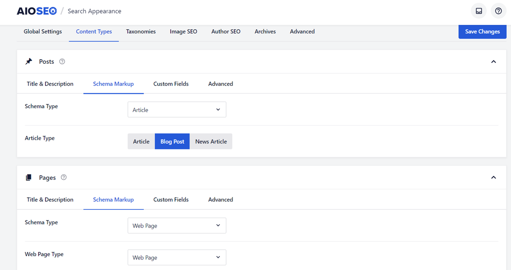 halaman pengaturan Schema Markup di dashboard AIOSEO