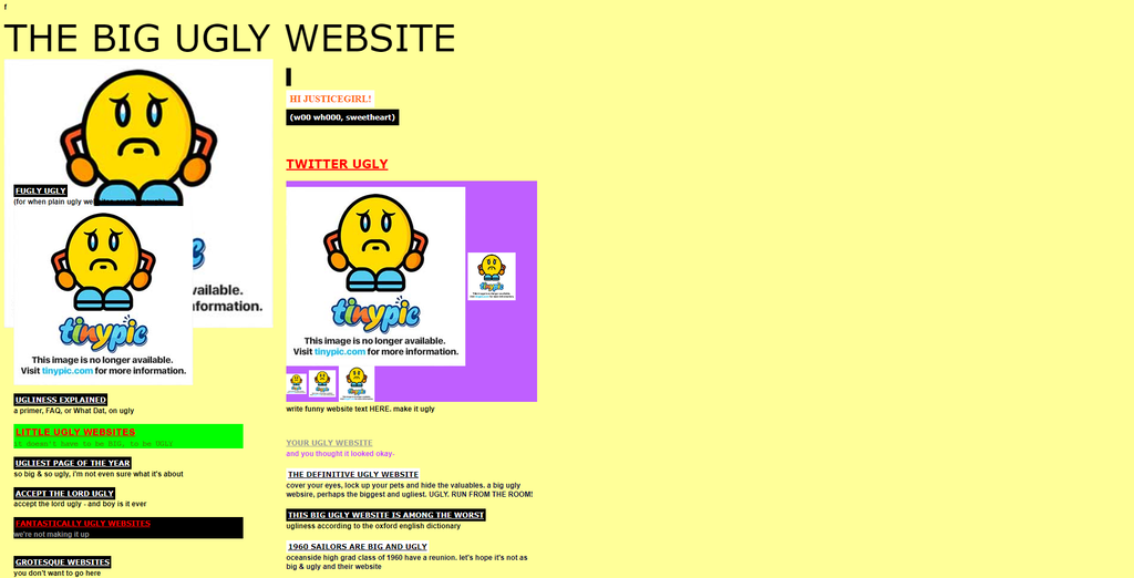 homepage the big ugly website dengan tata letak yang berantakan dan warna kontras