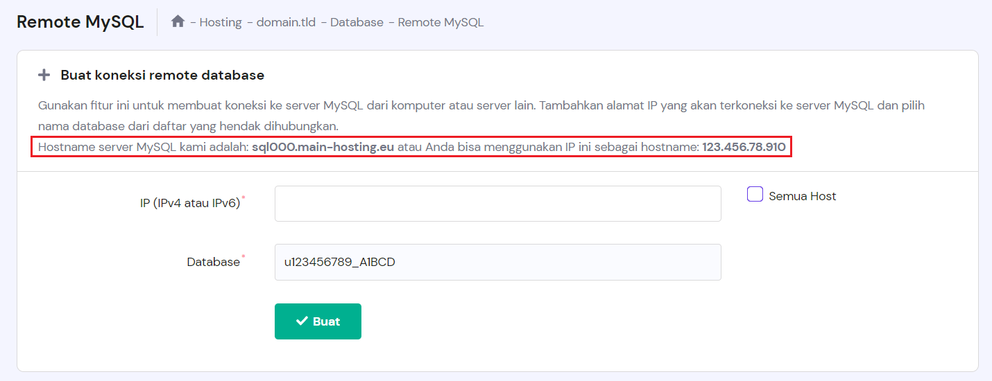 informasi hostname dan ip address mysql di hpanel