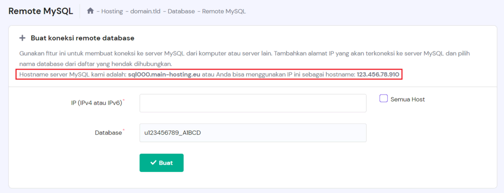 informasi hostname dan ip address mysql di hpanel