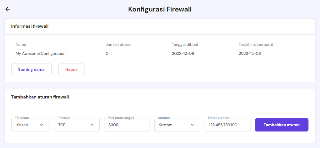 konfigurasi firewall dengan protokol tcp di hpanel