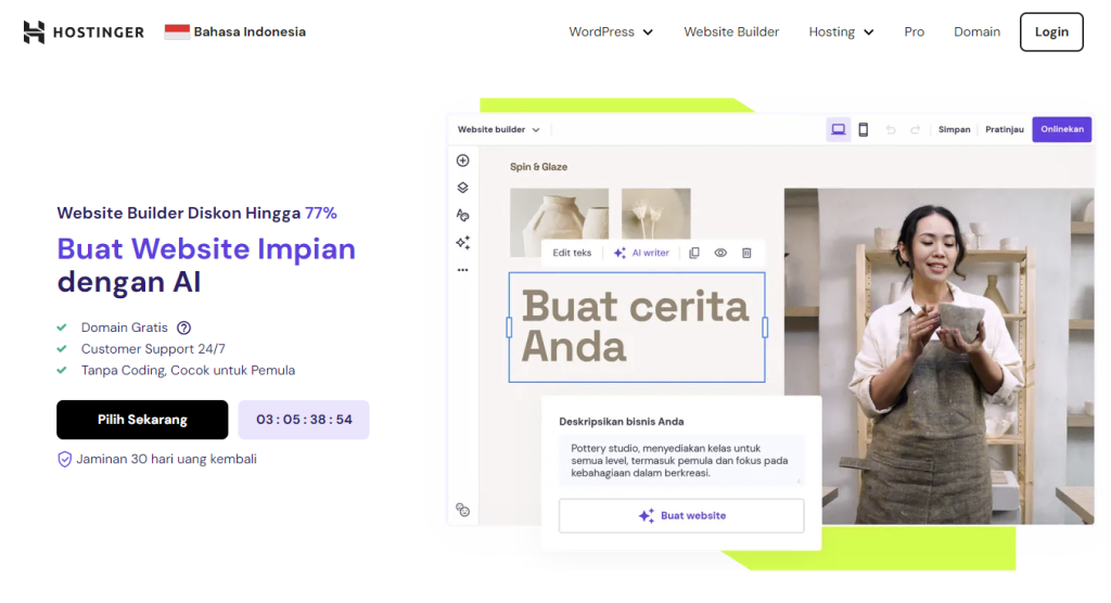 tampilan landing page website builder hostinger indonesia