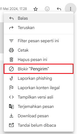 memilih blokir pengirim untuk memblokir email di gmail