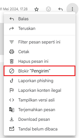 memilih blokir pengirim untuk memblokir email di gmail