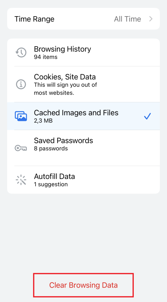 memilih clear browsing data untuk membersihkan cache chrome iphone