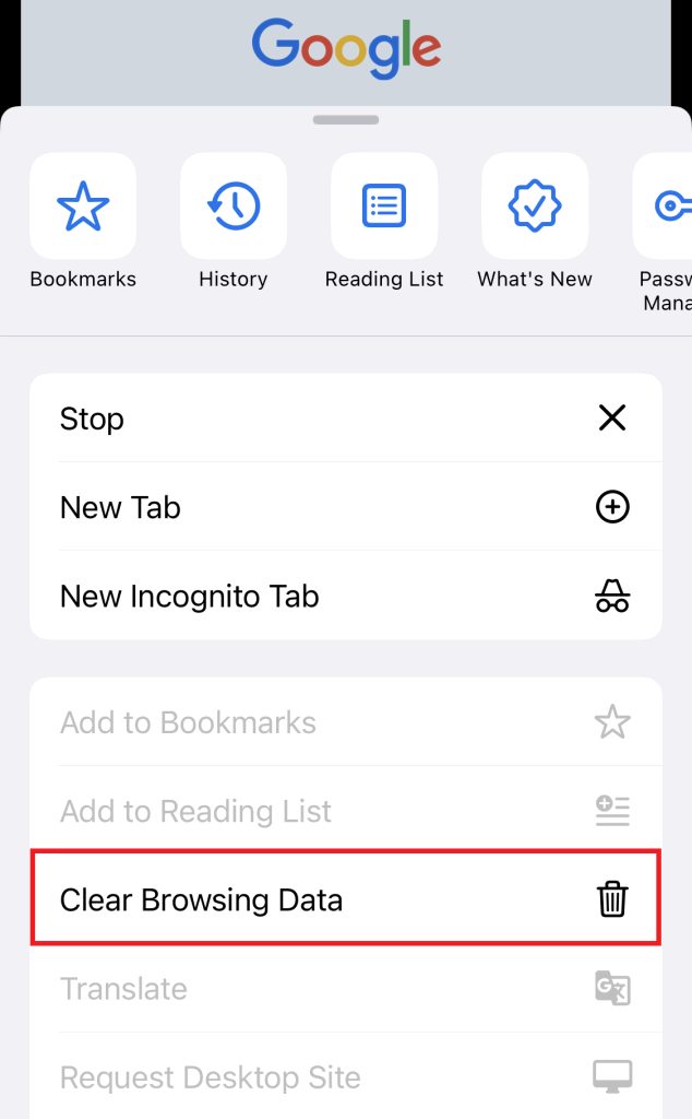 memilih clear browsing data untuk menghapus cache chrome iphone