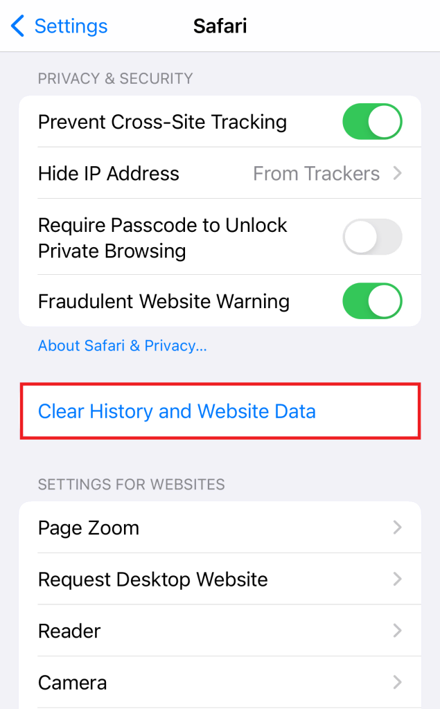 memilih clear history and website data untuk menghapus cache di safari