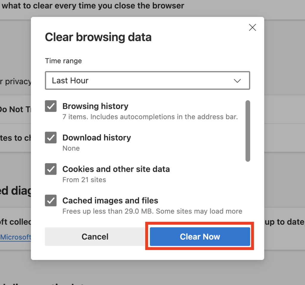 memilih clear now untuk membersihkan cache microsoft edge