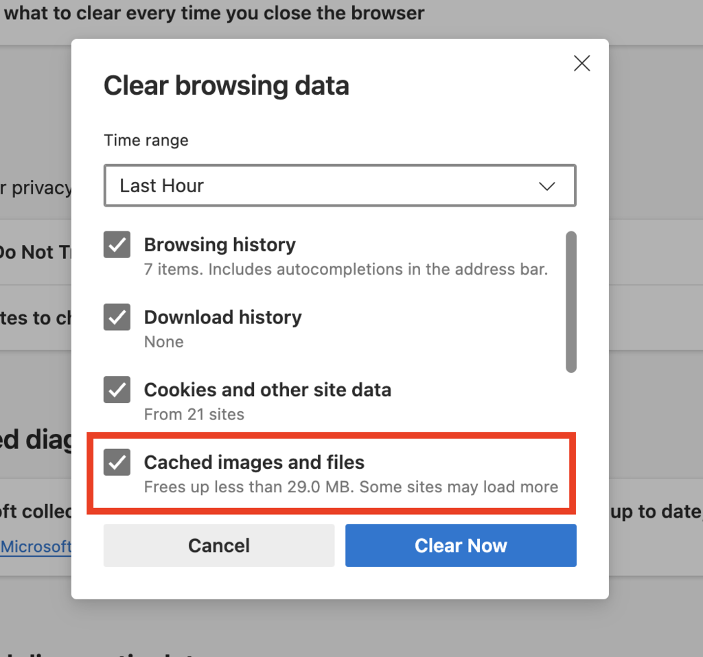 memilih data cache yang akan dihapus di microsoft edge