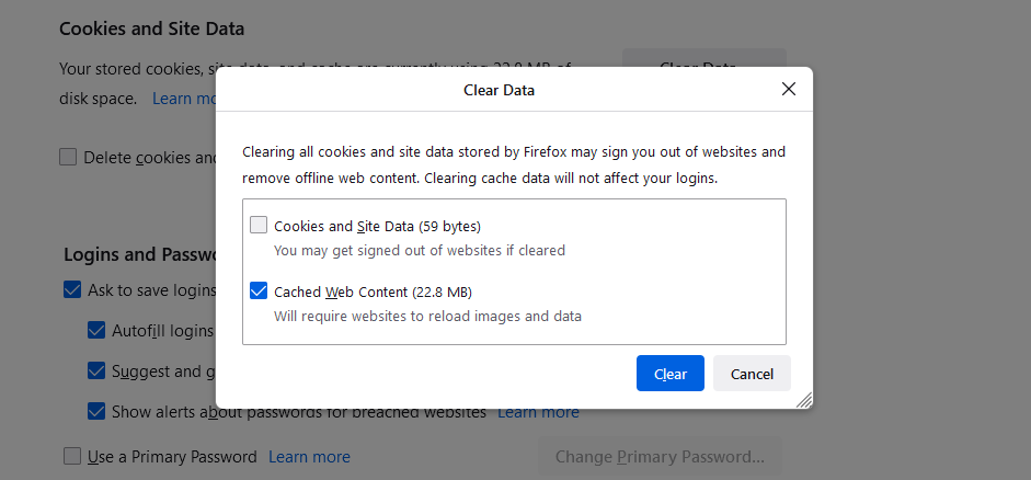 memilih data yang akan dihapus dalam cache firefox