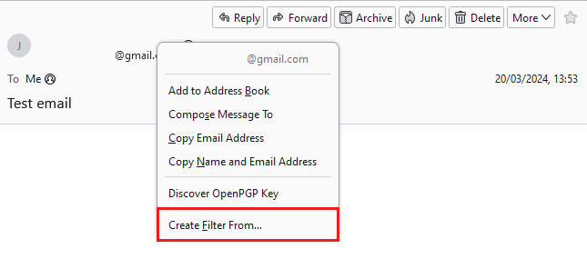 memilih fitur filter di thunderbird untuk memblokir email yang masuk