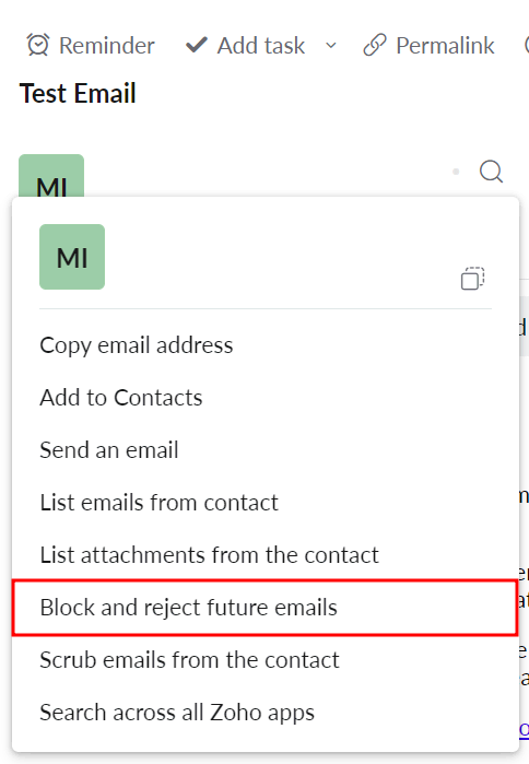 memilih fitur untuk memblokir email di zoho mail