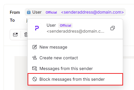 memilih menu Block messages from this sender untuk memblokir email di proton mail