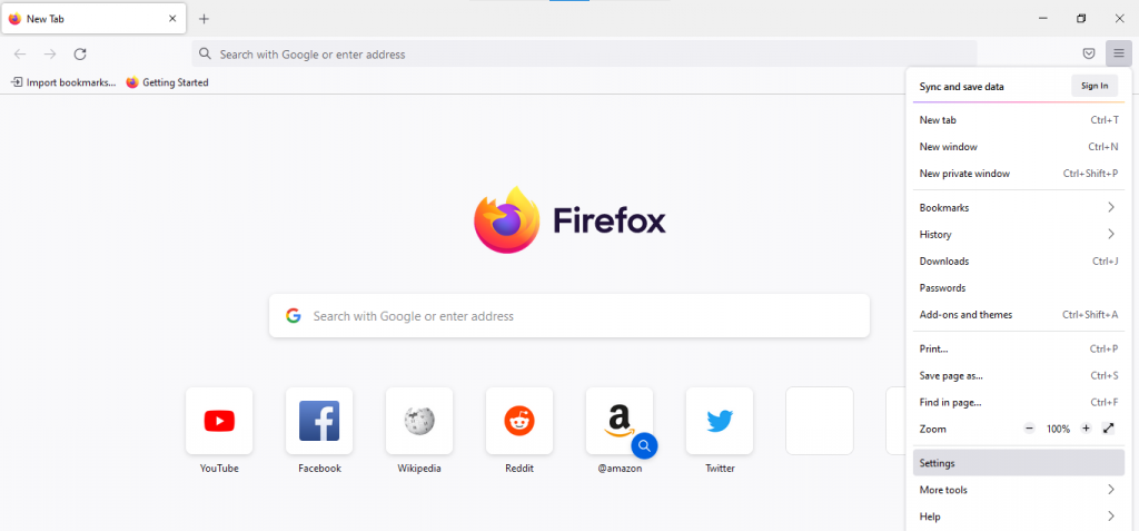 memilih menu settings di firefox