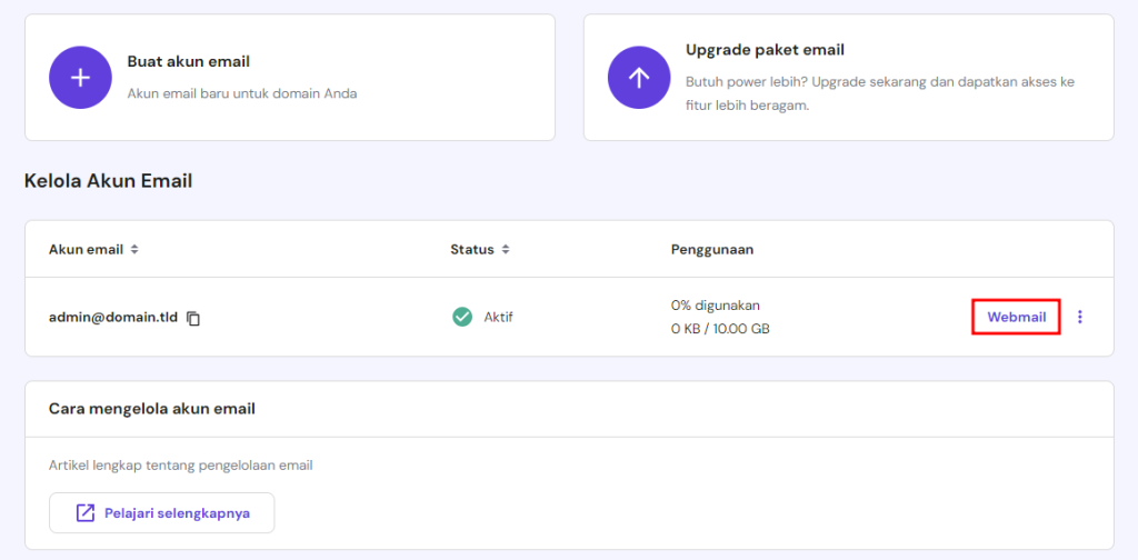 memilih menu webmail di hpanel