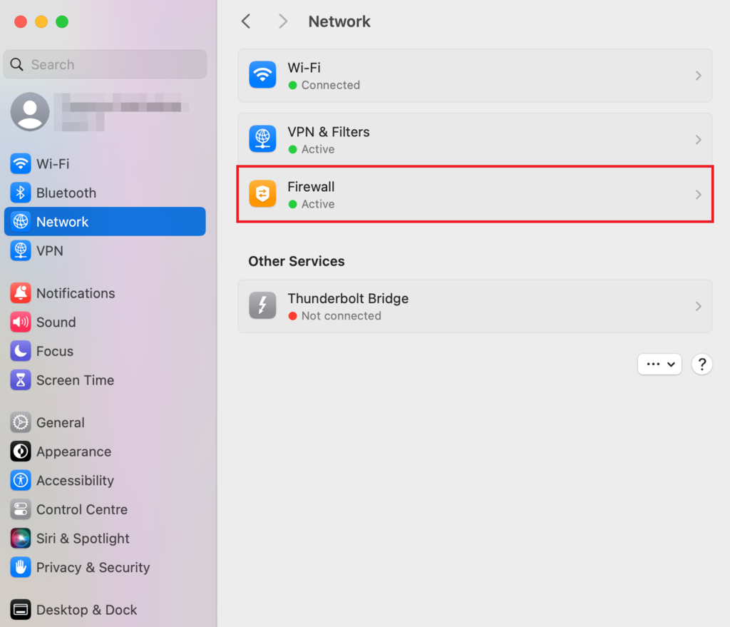 memilih pengaturan firewall jaringan di macos