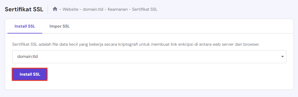 memilih tombol instal ssl di hpanel