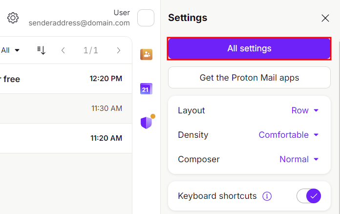 memilih tombol semua pengaturan di proton mail