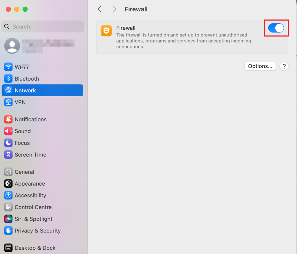 memilih tombol untuk menonaktifkan firewall di macos