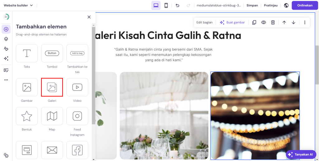 menambahkan elemen galeri di hostinger website builder