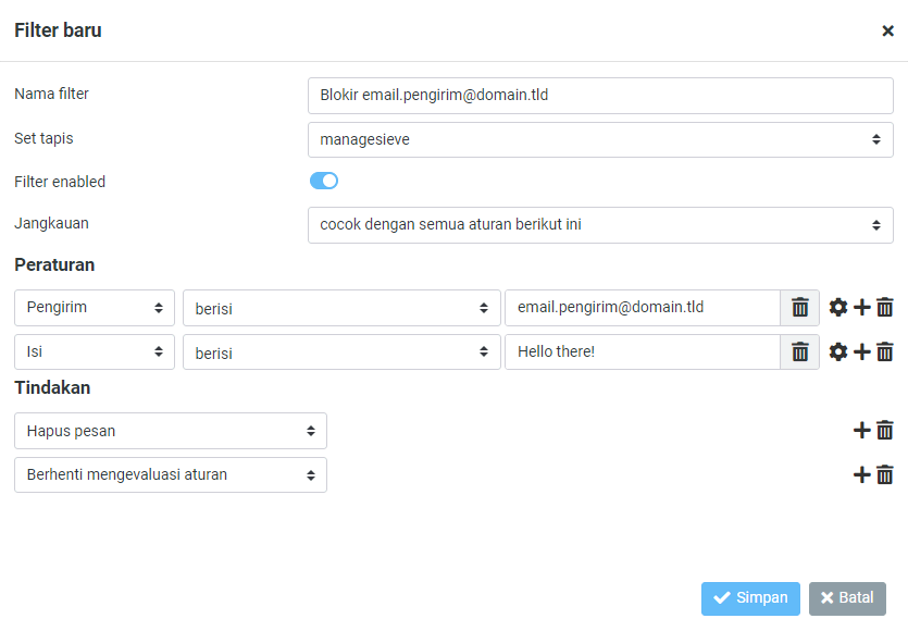 menetapkan aturan filter yang akan diterapkan di webmail hostinger