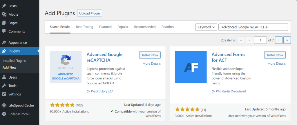 menginstal plugin untuk memasang captcha google di WordPress