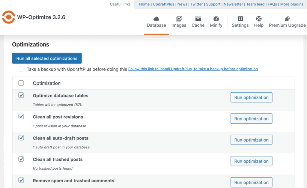 mengoptimalkan database wordpress menggunakan wp optimize