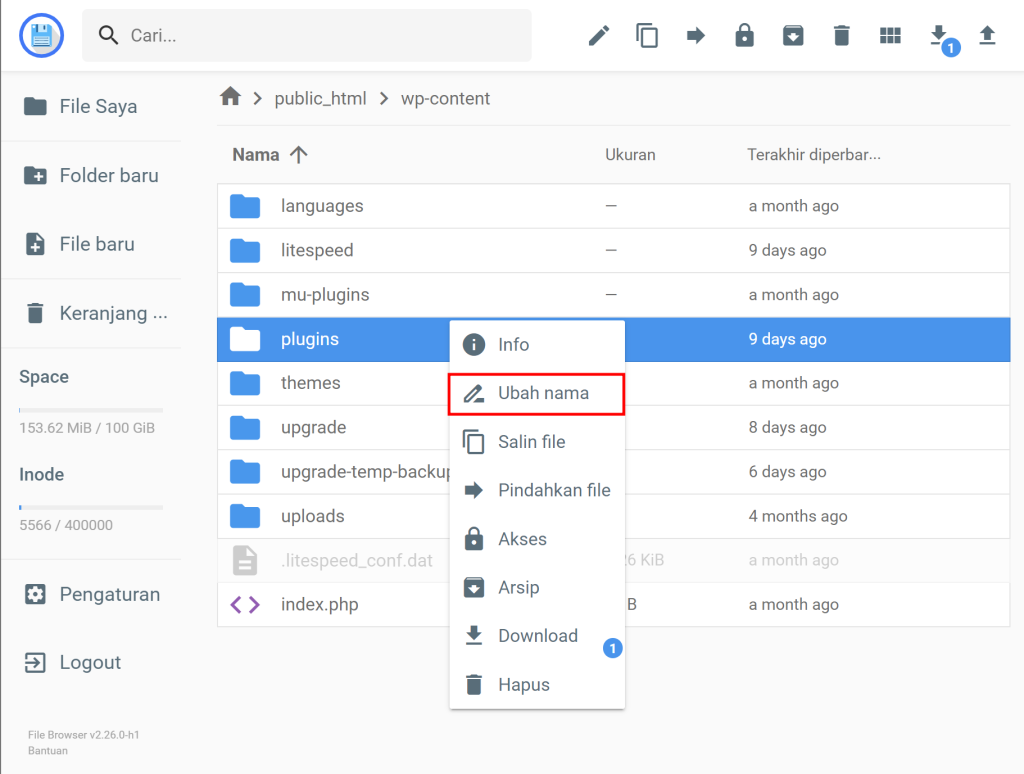 mengubah nama folder plugin di file manager hostinger