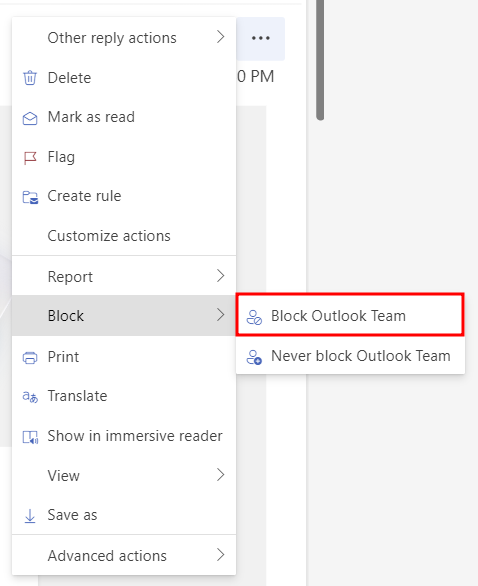 menu more actions di outlook untuk memilih menu blokir email